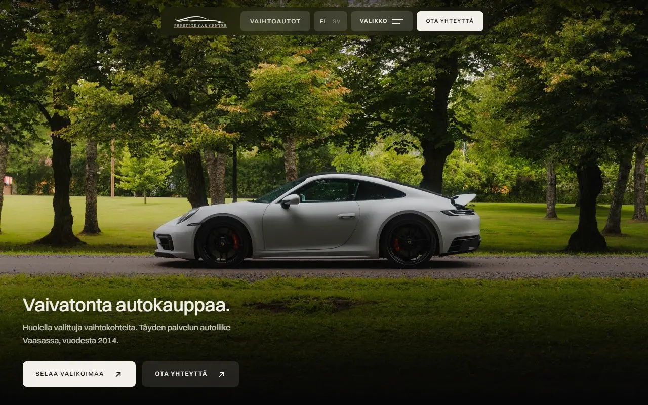 Prestige Car Center, verkkosivujen etusivu