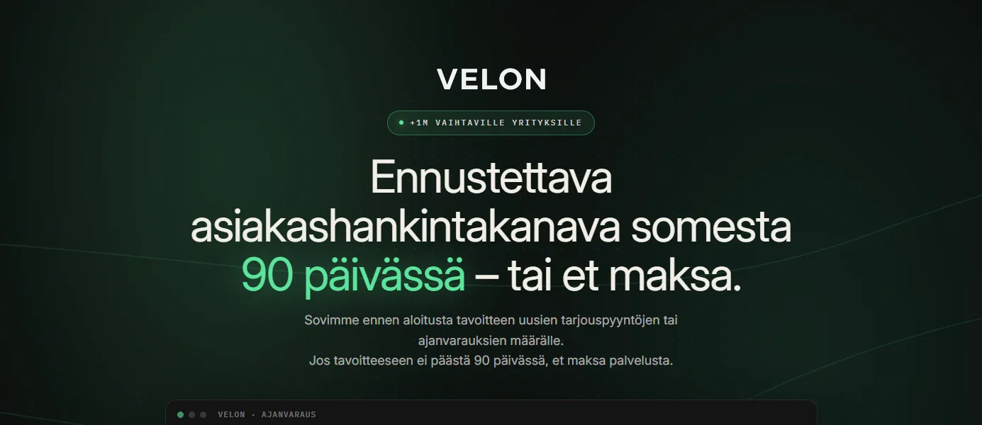 Velonin laskeutumissivu tietokoneella